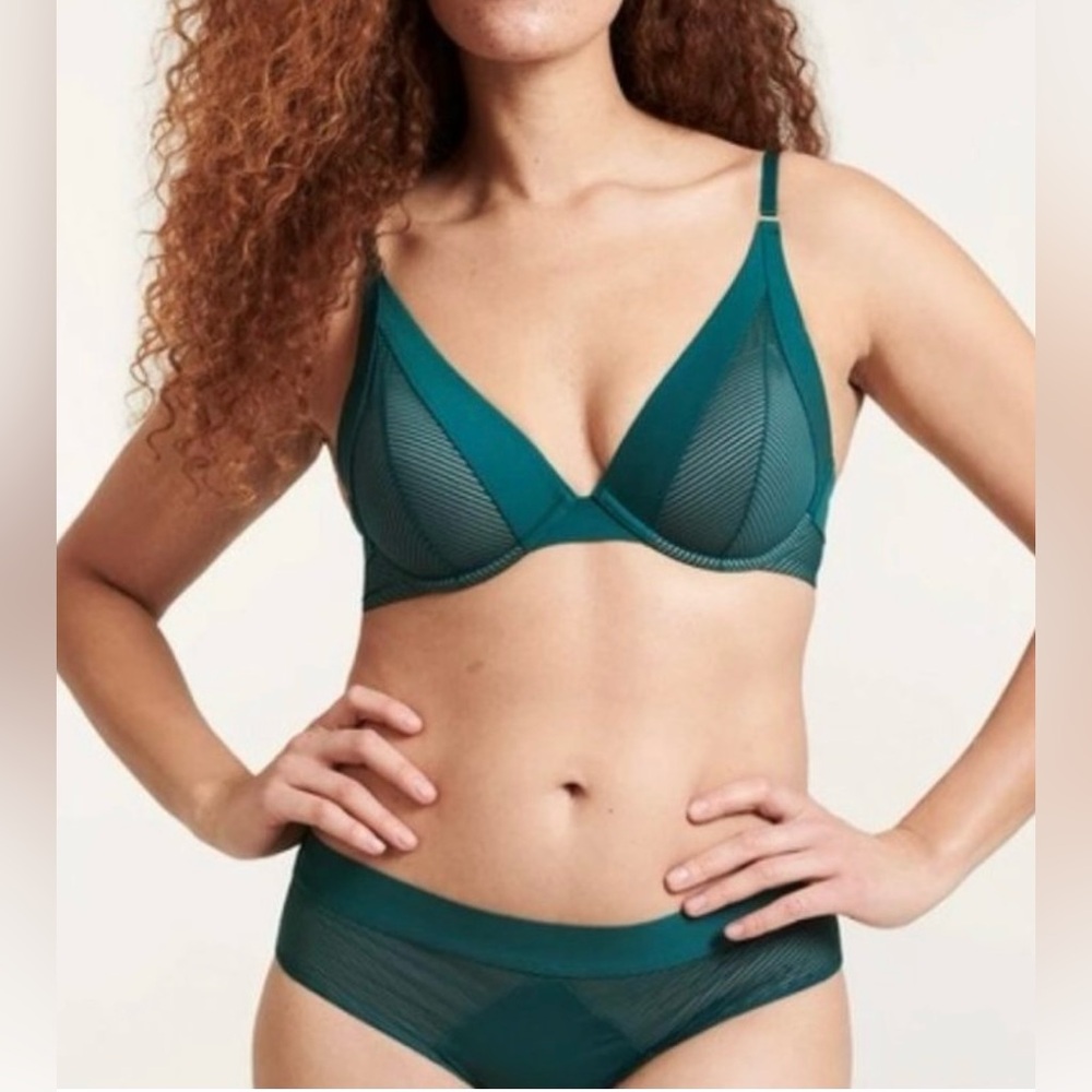 ThirdLove Shadow Stripe Plunge Bra In Teal Green Size 36E